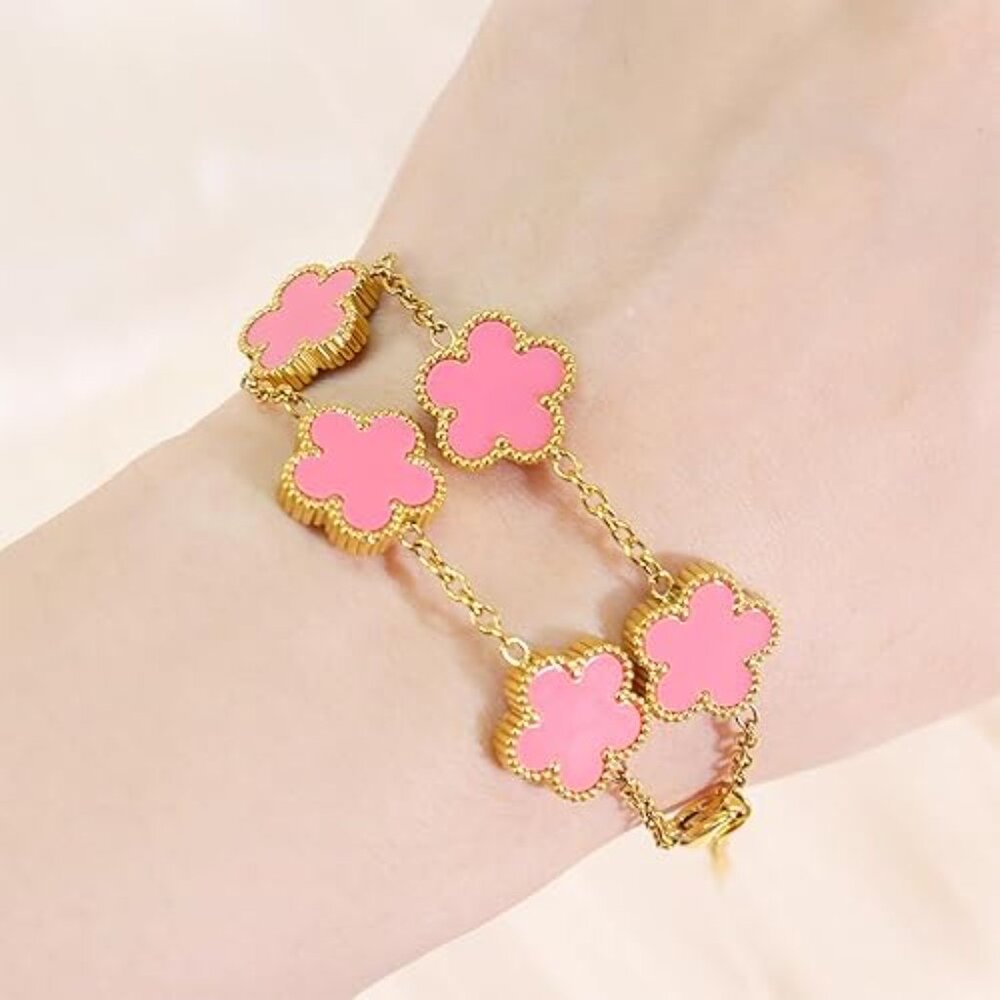 Neiman Marcus 18K Gold-Plated Pink Four Leaf Clover Bracelet - Picture 2 of 4